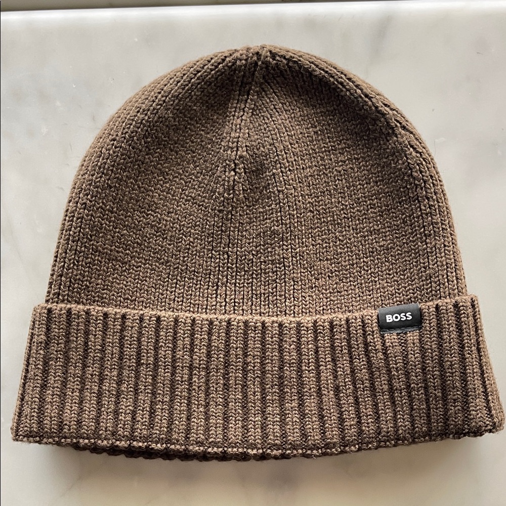 HUGO BOSS Mens Ribbed Brown Knit Cuff Beanie - Picture 2 of 5
